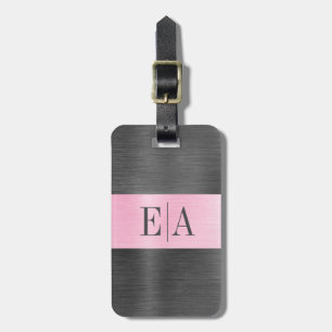 Étiquette À Bagage Élégant script métallique brossé Monogramme rose