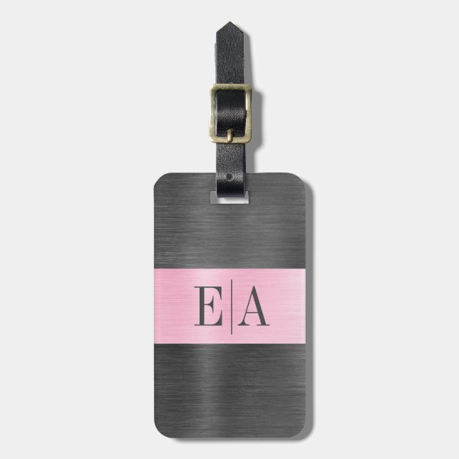 Étiquette À Bagage Élégant script métallique brossé Monogramme rose (Devant Vertical)