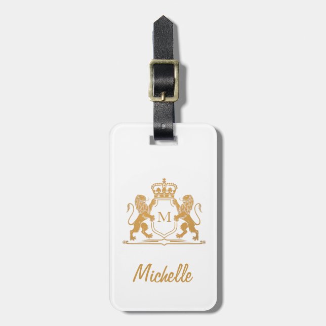 Étiquette À Bagage Élégant script Monogram Custom Luxe blanc Or (Devant Vertical)