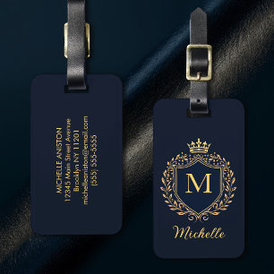 Étiquette À Bagage Élégant script Monogram Custom Luxury Black Gold