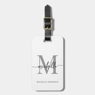 Étiquette À Bagage Élégant Style Blanc Gris Monogramme Initiale Scrip