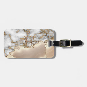 Étiquette À Bagage Élégant style monogramme en marbre crème avec pail