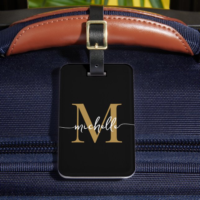 Étiquette À Bagage Élégant Style Noir Or Monogramme Initial Script (Insitu Rectoal 2)