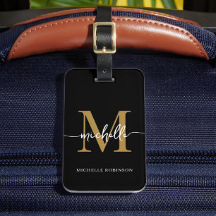 Étiquette À Bagage Élégant Style Noir Or Monogramme Initial Script