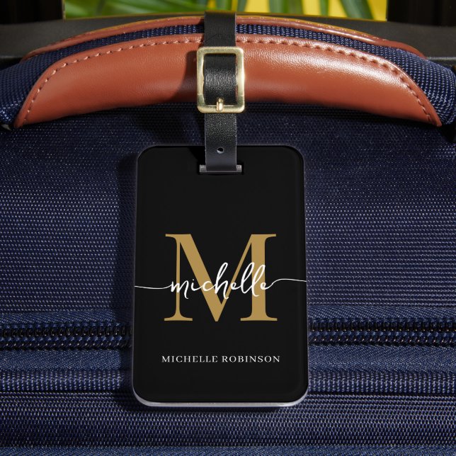 Étiquette À Bagage Élégant Style Noir Or Monogramme Initial Script (Insitu Rectoal 2)