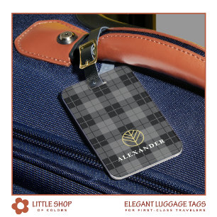 Étiquette À Bagage Élégant Tartan noir plaqué or