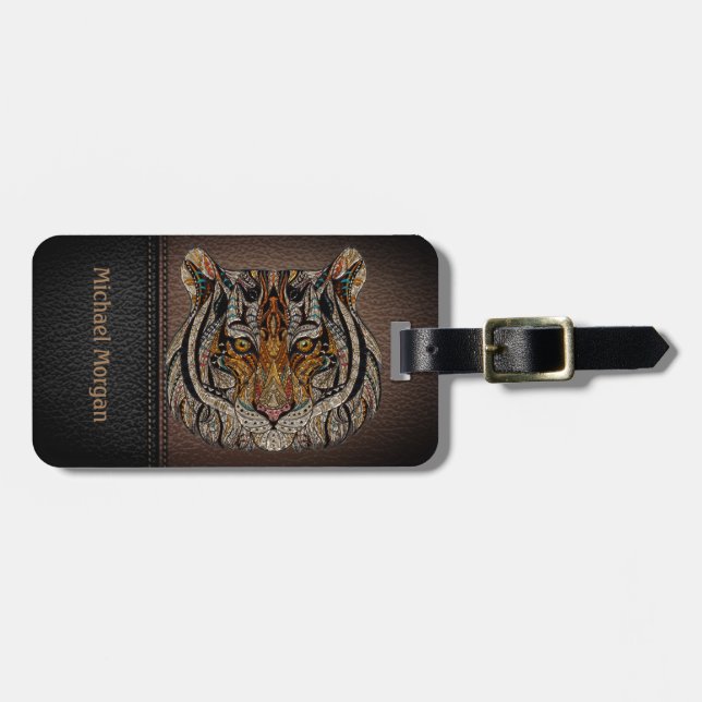 Étiquette À Bagage Elégant, Tiger Head Leathe Look - Personnalisé (Devant horizontal)