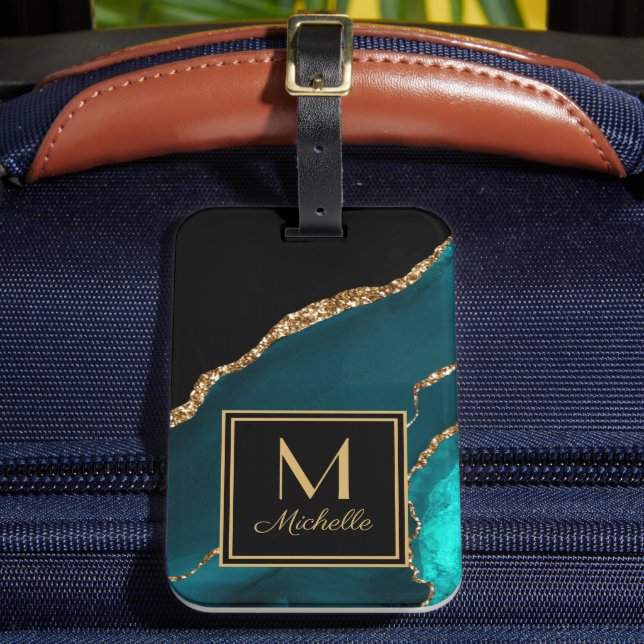 Étiquette À Bagage Élégant Turquoise Noir Monogramme Or Nom initial (Insitu Rectoal 2)