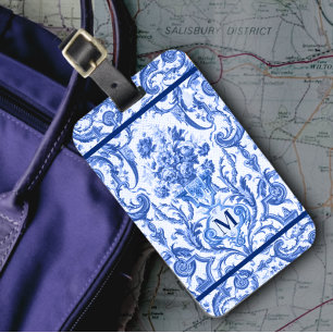 Étiquette À Bagage Elégant vase floral Bleu toile de jouy monogramme
