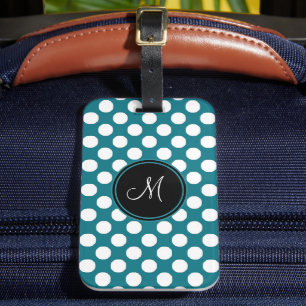 Étiquette À Bagage Élégant vert blanc Polka Motif de Monogramme