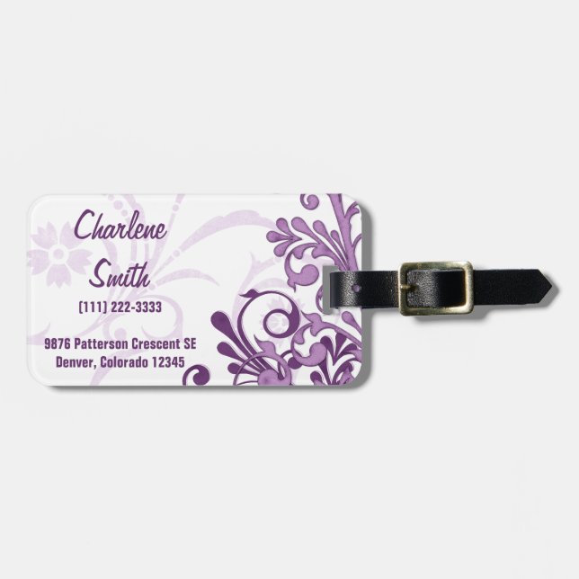 Étiquette À Bagage Élégant violet blanc Abstrait Floral Personnalisé (Devant horizontal)