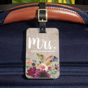 Étiquette À Bagage Élégant violet fleuri Monogramme Rustique lin beig