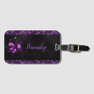 Étiquette À Bagage Elégant violet Roses & Bordure sur noir Personnali