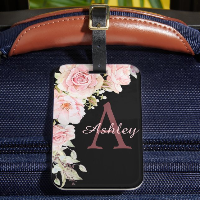 Étiquette À Bagage Élégant Voyage Monogramme Rose Aquarelle Roses (Insitu Rectoal 2)
