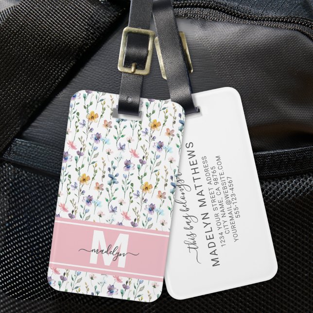 Étiquette À Bagage Elegant Watercolor Wildflower Monogram (Elegant Watercolor Wildflower Monogram Luggage Tag)