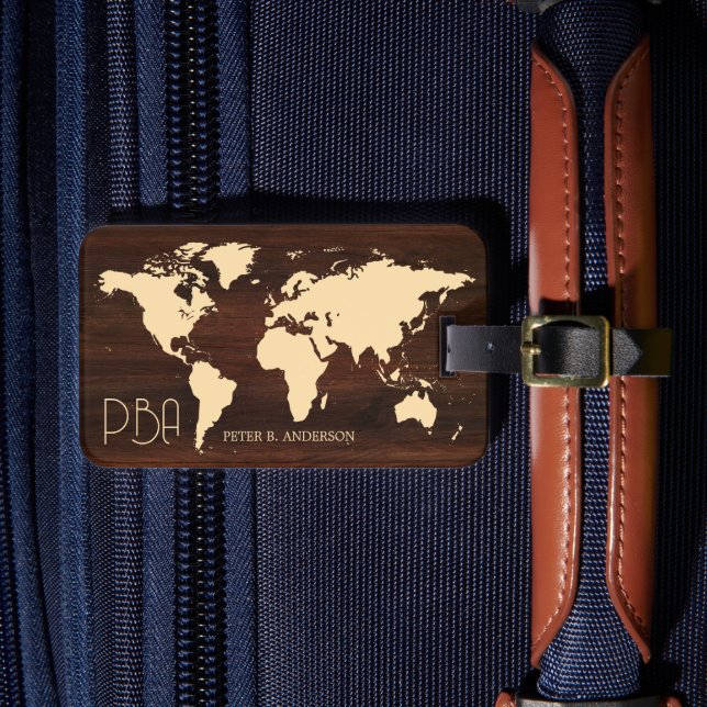 Étiquette À Bagage Elégant World Traveler Map Wood Monogramme Nom (Insitu Rectoal 4)