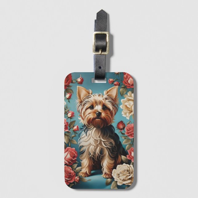 Étiquette À Bagage Elégant Yorkshire Terrier Portrait Rose Garden (Devant Vertical)
