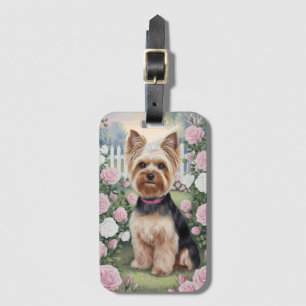 Étiquette À Bagage Elégant Yorkshire Terrier Rose Jardin Peinture
