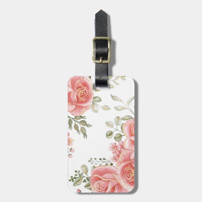 Étiquette À Bagage Elégante Aquarelle couleur or rose-rose (Devant Vertical)