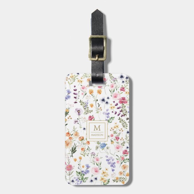 Étiquette À Bagage Elégante aquarelle Fleur sauvage jardin Monogramme (Devant Vertical)