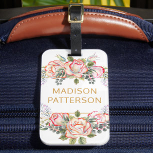 Étiquette À Bagage Elégante aquarelle personnalisée Floral Girly Chic