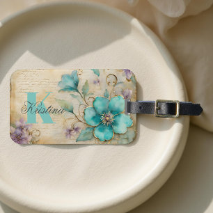 Étiquette À Bagage Elégante aquarelle Turquoise floraison avec des pe