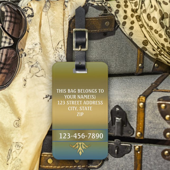Étiquette À Bagage Élégante Balise de bagage doré bleu vert bande (Créateur téléchargé)