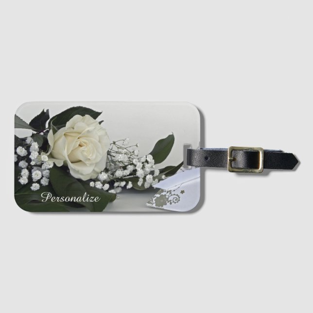 Étiquette À Bagage Elégante et romantique Rose blanche Personnaliser (Devant Horizontal)