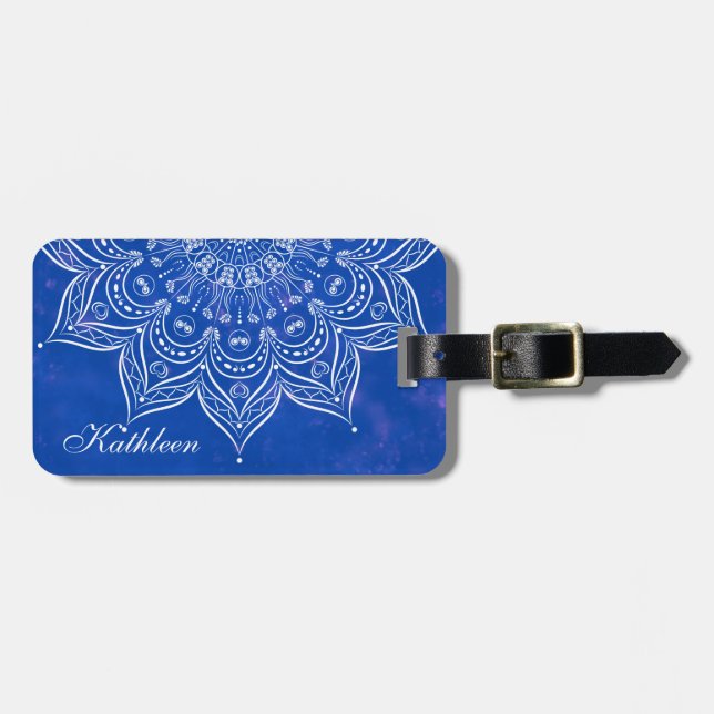 Étiquette À Bagage Élégante étiquette de bagage Mandala bleu et blanc (Devant horizontal)
