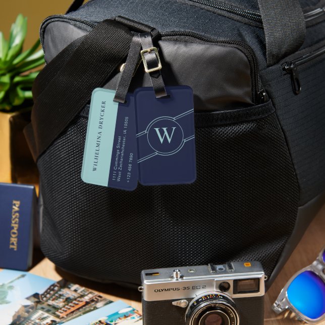 Étiquette À Bagage Élégante étiquette de bagages bleu foncé avec déta (Recto & Verso)