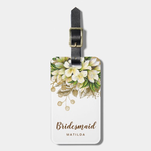 Étiquette À Bagage Élégante femme de chambre moderne aux fleurs blanc (Devant Vertical)