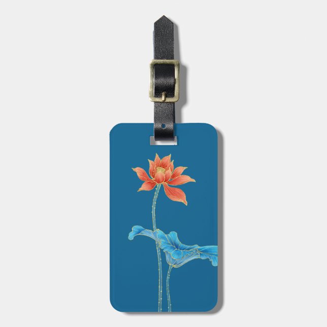 Étiquette À Bagage Élégante Fleur de Lotus Bleu et Orange (Devant Vertical)