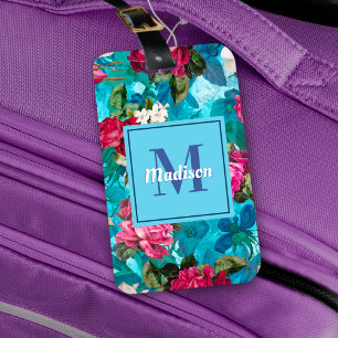 Étiquette À Bagage Élégante fleurs rose fleurie bleu motif