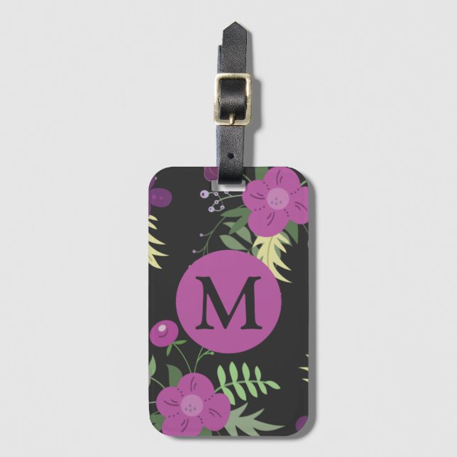 Étiquette À Bagage Élégante Fleurs violettes Art sur Monogramme noir (Devant Vertical)