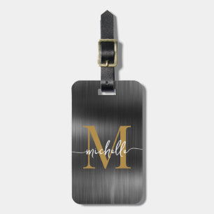 Étiquette À Bagage Élégante initiale de monogramme en or de métal noi