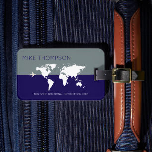 Étiquette À Bagage Elégante, moderne bleu gris carte du monde VOYAGE
