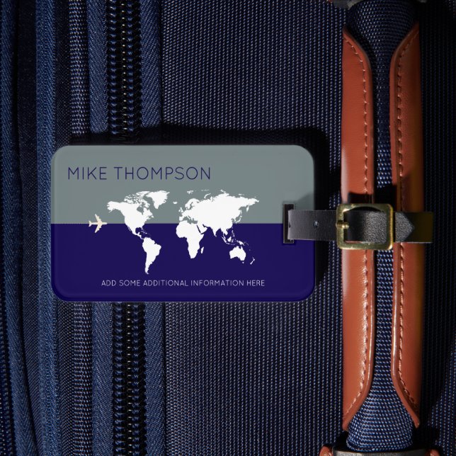 Étiquette À Bagage Elégante, moderne bleu gris carte du monde VOYAGE (Insitu Rectoal 4)