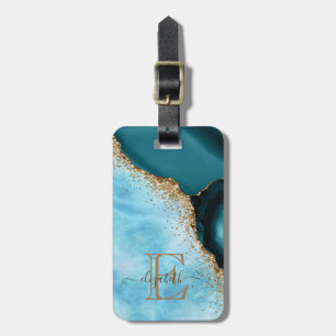 Étiquette À Bagage Elégante Parties scintillant or Marbre Turquoise