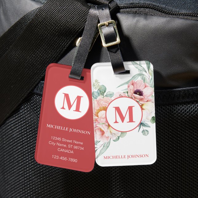 Étiquette À Bagage Élégante pivoine rose avec monogramme étiquette de (Créateur téléchargé)