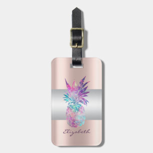 Étiquette À Bagage Élégante rayure girly, ananas rose or