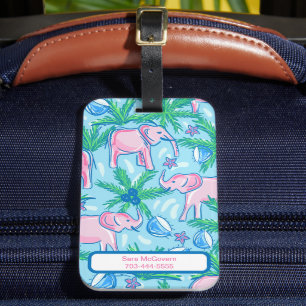 Étiquette À Bagage Eléphant bleu rose pâle