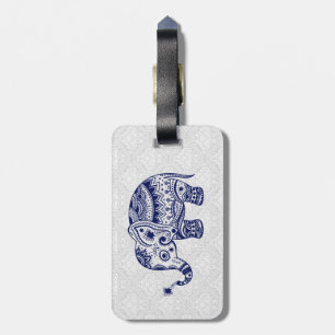 Étiquette À Bagage Eléphant floral mignon en bleu et blanc marine