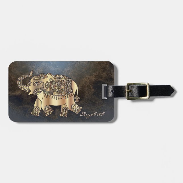 Étiquette À Bagage Eléphant Or Design Moderne, Texture Cuir (Devant horizontal)