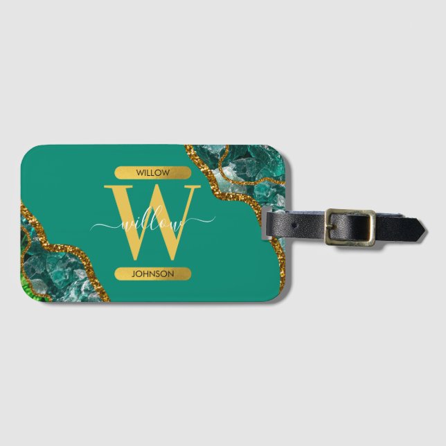 Étiquette À Bagage Emerald Green & Gold Agate Parties scintillant Mon (Devant Horizontal)