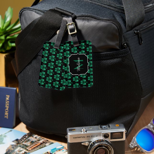 Étiquette À Bagage Emerald Green Sparkle Shamrock noir Monogramme (Recto & Verso)