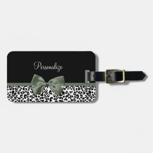 Étiquette À Bagage Empreinte de léopard animal Motif noir vert Bow