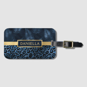 Étiquette À Bagage Empreinte de léopard bleu Shimmer Nom floral tropi
