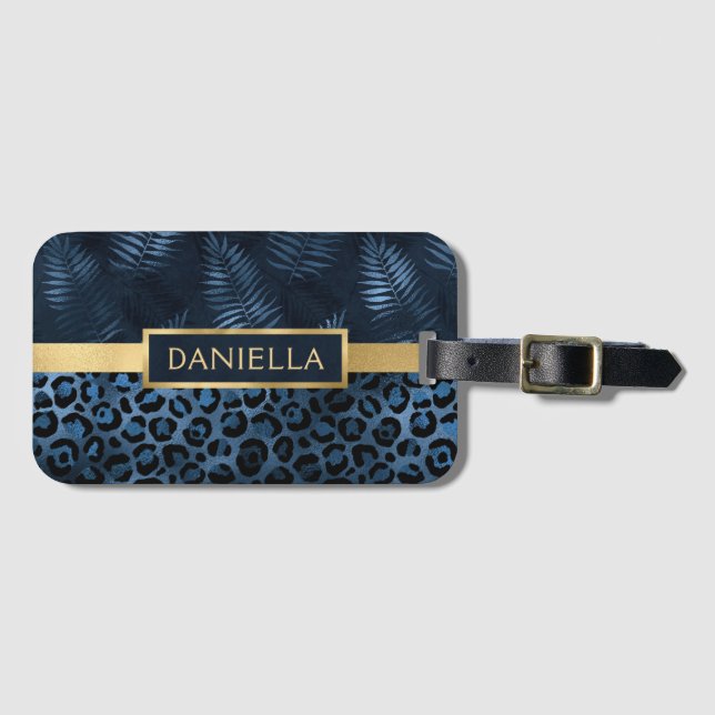 Étiquette À Bagage Empreinte de léopard bleu Shimmer Nom floral tropi (Devant Horizontal)