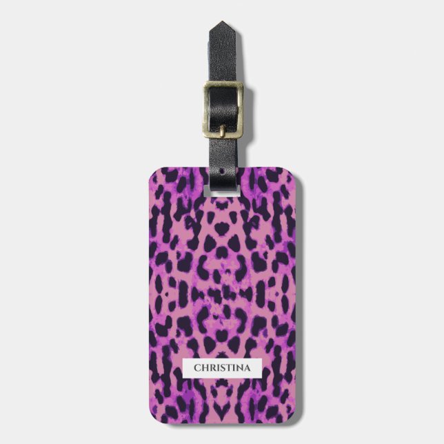 Étiquette À Bagage Empreinte de léopard Motif Purple Élégant Personna (Devant Vertical)