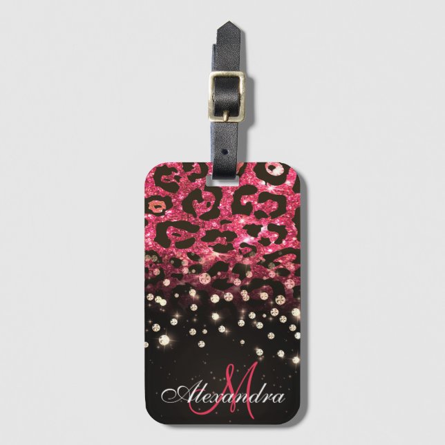 Étiquette À Bagage Empreinte de léopard Parties scintillant rose et d (Devant Vertical)
